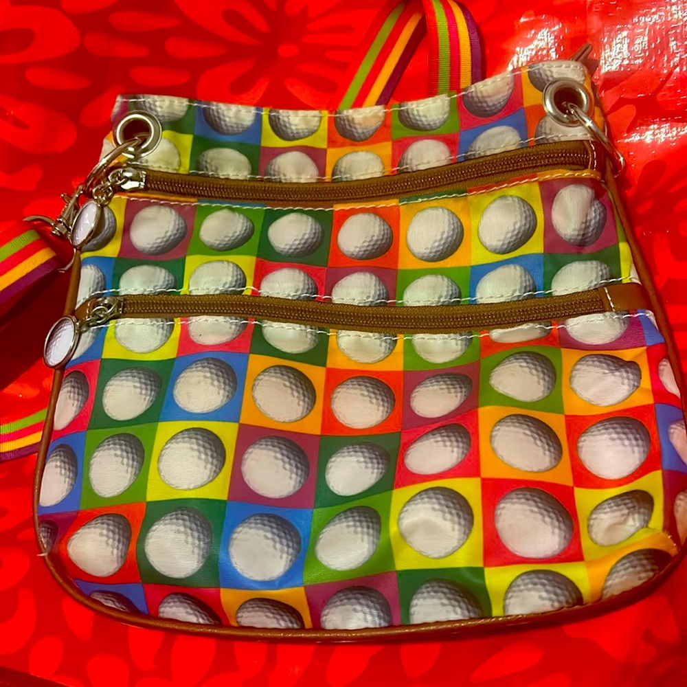 Sydney Love crossbody golf ball bag ,9.5”x10”.Pink/Green/Gold Adjustable Strap.